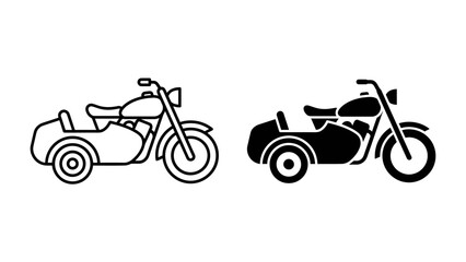 Obraz premium Motorcycle with Sidecar: Two graphic icons, one outlined and one solid silhouette, depict a vintage motorcycle paired with a sidecar, representing classic transportation and travel.