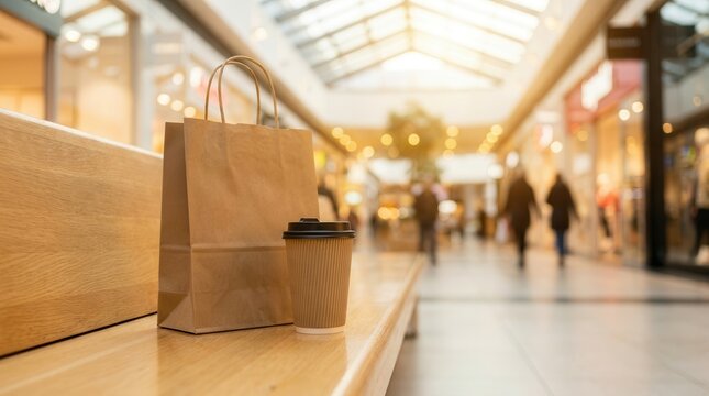 A brown paper shopping bag and takeaway coffee cup resting on a mall bench.