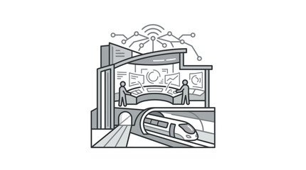 Naklejka premium Sleek Monochrome of Smart Train Station Control Room with High Speed Rail and Network Icons with high quality professional line art symbols for modern creative design and digital branding projects