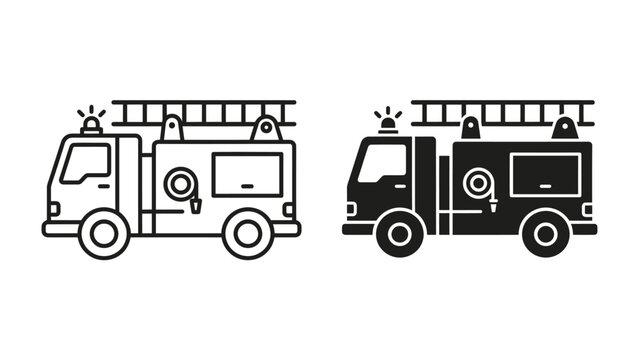 Fire Engine Icon Set: Two simple line and silhouette icons of a fire engine, showcasing the vehicle with its ladder, hose, and siren, perfect for emergency service branding.