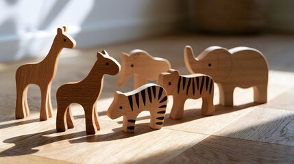 Obraz premium A row of minimalist wooden animal figures including giraffe zebra elephant and horse standing on a light wood floor under natural sunlight