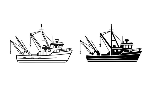Fishing Trawler in Outline and Silhouette: Two detailed depictions of a fishing trawler, one in an outline style and the other as a solid silhouette, showcase the vessel's structure and functionality.