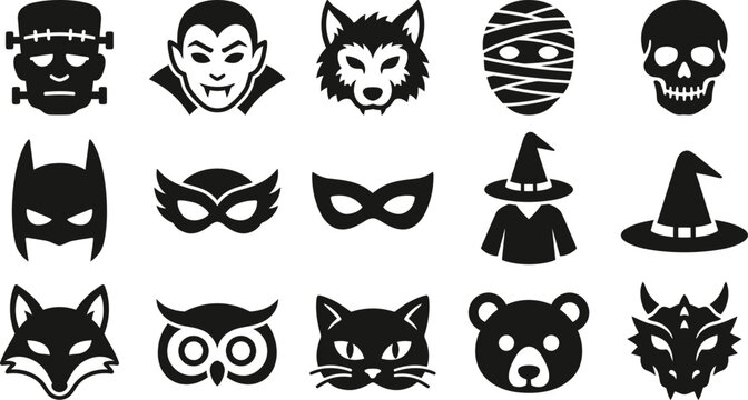 Halloween mask and monster face silhouettes featuring vampire werewolf witch and animal icons.