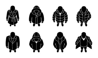 Top View Fashion Icons: Diverse Outerwear Styles, 8 Vector Silhouettes for Apparel Design, Clothing Collection, and Retail Graphics © siam