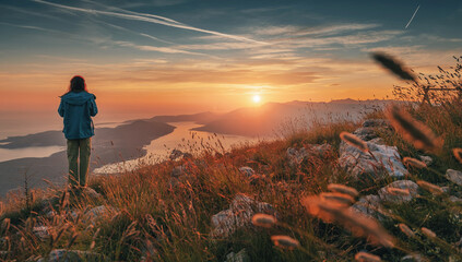 Obraz premium Woman standing on mountain top at sunset, looking across scenic bay and mountains, finding freedom and peace in nature