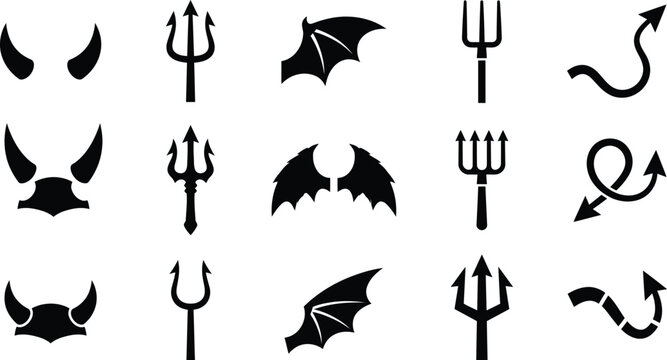 Devil horn trident wings and tail silhouettes for halloween graphic design and decoration.