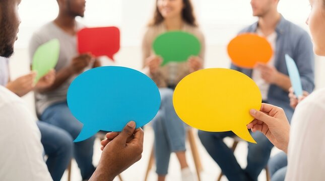 A group of people in an informal discussion holding colorful speech bubbles for open exchange.