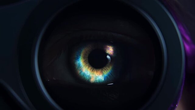 Extreme closeup of camera lens reflecting vivid human iris with concentric glass rings, colorful internal highlights, dark moody contrast, and precise centered symmetry