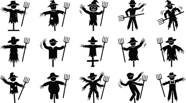 Collection of various scarecrow characters with pitchforks for autumn seasonal farming.