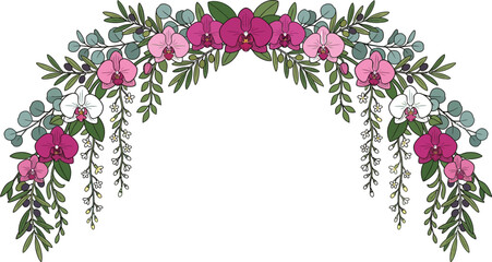 Elegant orchid floral arch arrangement with decorative greenery, arrangement © Golam Rabbani