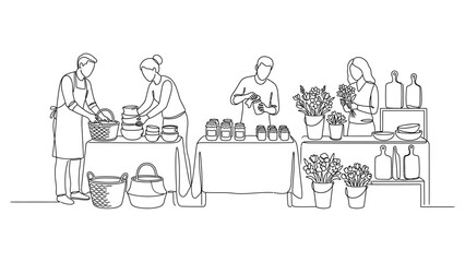 Fototapeta premium Continuous line art illustration of a bustling outdoor farmers market with vendors selling produce and flowers