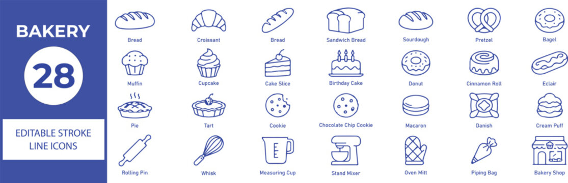 Bakery Vector Outline Icons Set &ndash; Bread, Cake, Pastry, Donut, Dessert, Baking Tools and Bakery Line Symbols Collection