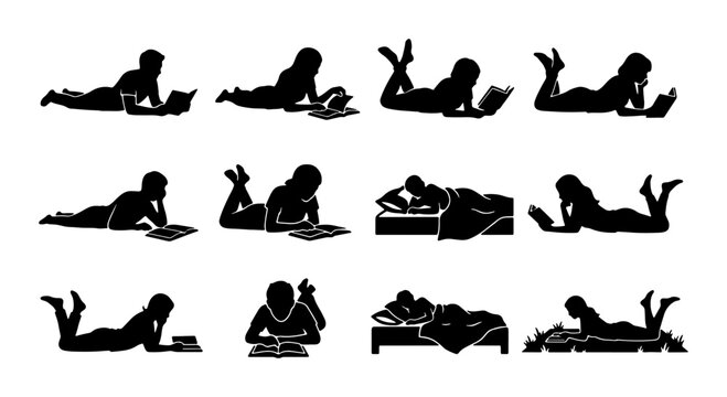 Silhouette Reading Poses Collection, Diverse People Enjoying Books in Various Positions, Vector Icons for Education and Leisure