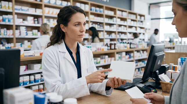 Pharmacist explaining medication to customer at pharmacy counter