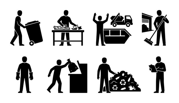 Waste Management Icons, Recycling Symbols, Garbage Collection Pictograms, Sanitation Services Set