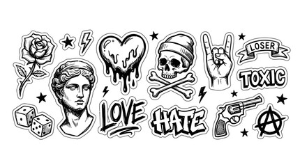 Sticker Set with Rock and Roll Tattoo Style Vector Illustrations © Mohammad