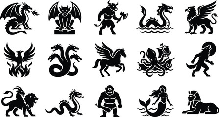 Obraz premium Mythical creatures and monsters icons with dragons griffins and minotaur for fantasy lore.
