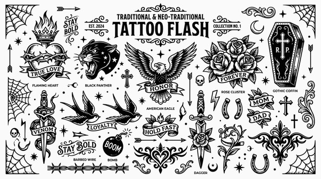 Traditional Tattoo Flash Sheet Black and White Vector Set