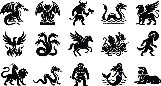 Mythical creatures and monsters icons with dragons griffins and minotaur for fantasy lore.