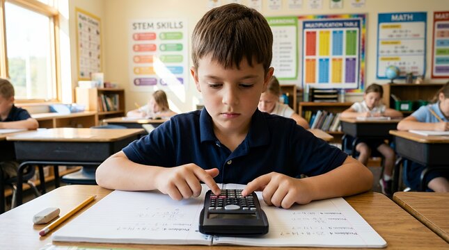 Boy solving math problems with calculator at classroom desk focused learning