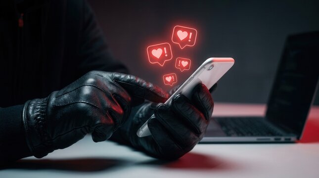 Cybercriminal using a smartphone to execute a romance scam with fake love messages.