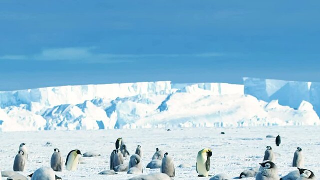Emperor Penguin Colony on Antarctic Ice in Pristine Polar Wilderness Wildlife Conservation Concept