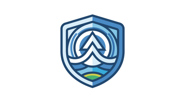 Logo features a blue shield with a stylized wave and mountain design