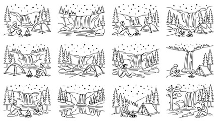 Obraz premium Camping by Waterfall: Silhouette of Person, Tent, Campfire Under Starry Night Sky