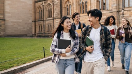 Fototapeta premium Diverse group of happy young students walking on campus after class, enjoying their university life together.