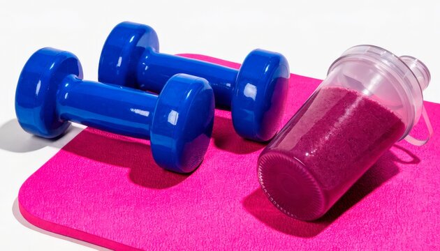 Workout gear shows blue dumbbells and a smoothie on a pink mat
