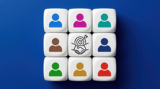 Business connection and teamwork concept with a handshake deal icon on white cube blocks.