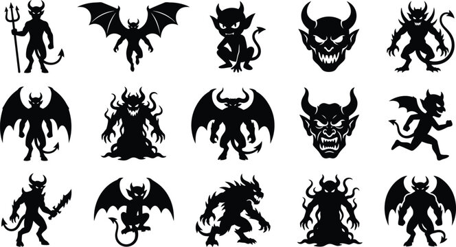 Group of black demons and devils with wings on transparent background vector.