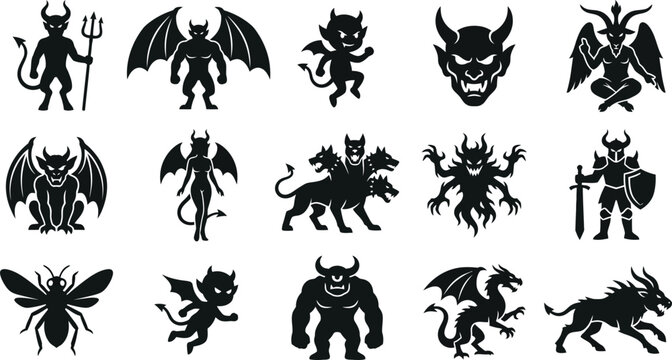 Collection of black mythical creatures and monsters on transparent background.