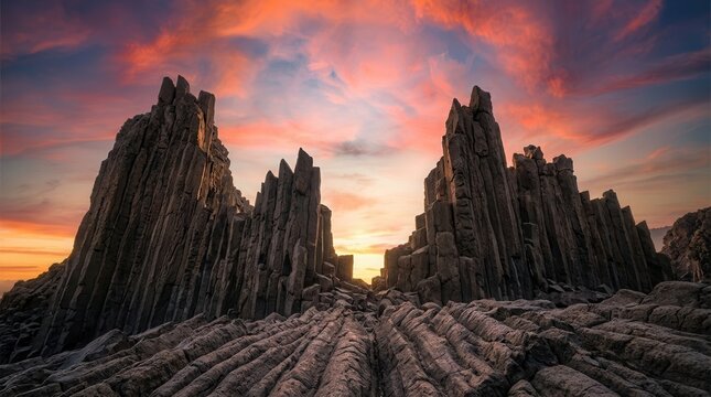 Dramatic basalt columns rise like natural spires toward vibrant sunset clouds.