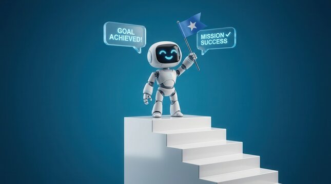 Cute smart robot holding a victory flag while standing on white stairs against a blue background.