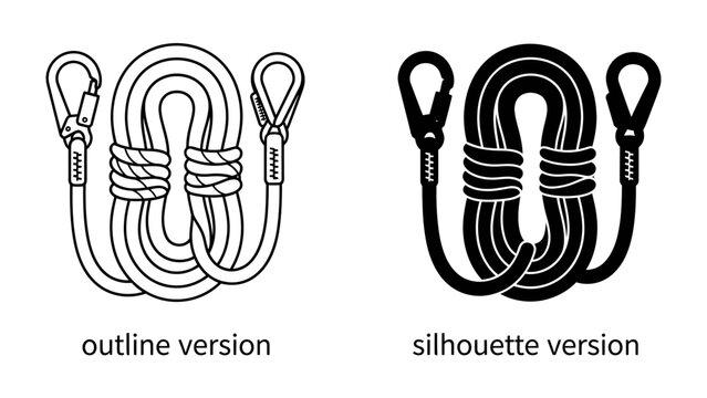 Climbing Ropes with Carabiners: Two distinct illustrations of coiled climbing ropes, each secured with two carabiners, presented in both an outline and silhouette version.