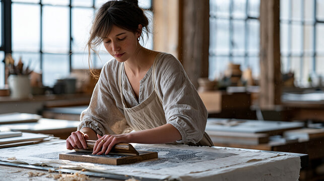 Linocut printmaker in a Bristol studio presses a carved block firmly onto dampened Japanese paper using a wooden baren, the relief design emerging in clean ink lines as wood