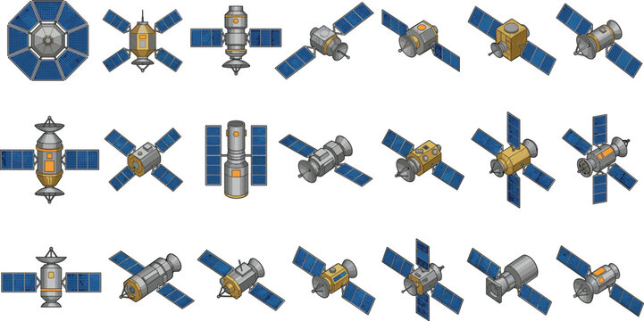 Space satellite vector set, telecommunication orbital spacecraft icons, global communication technology collection