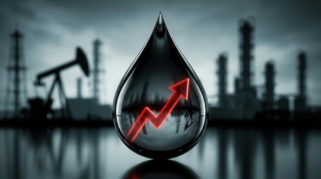 A glistening oil drop with a red upward trending arrow symbolizing economic growth.