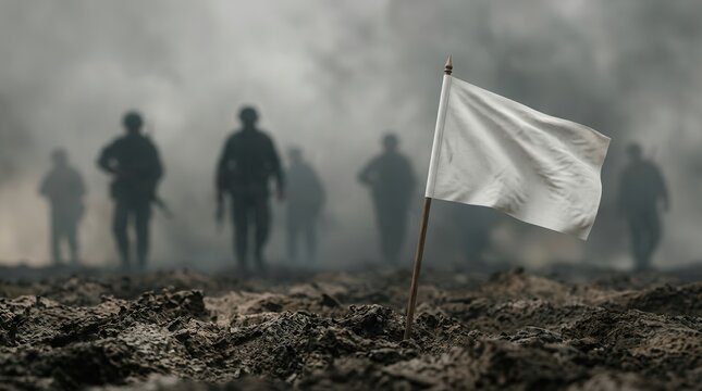A white flag of surrender stands in a desolate battleground amid the aftermath of conflict.