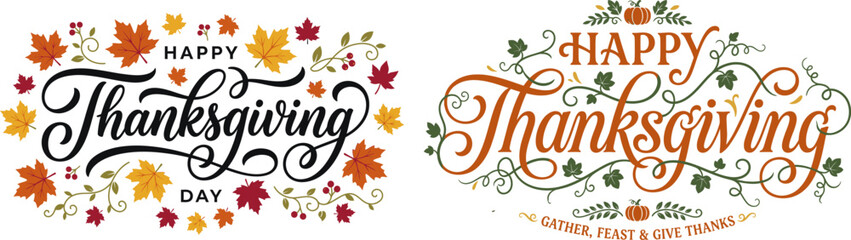 Elegant Thanksgiving typography with fall leaves and floral elements for seasonal celebration © KaziMuhibbur