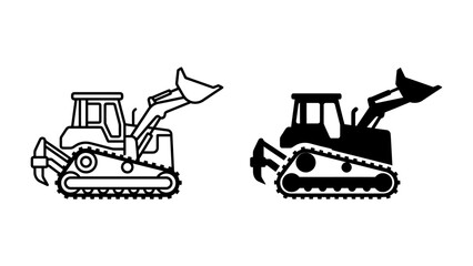 Bulldozer Icon: A set of two icons depicting a bulldozer, one in black outline and the other in solid black, showcasing a powerful construction vehicle ready for heavy-duty work. © Al