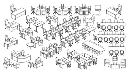 Fototapeta premium Isometric office furniture collection, black and white line art workspace set, corporate interior design elements vector