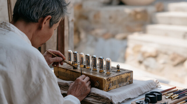 Vietnamese restoration artisan in a riverside workshop gently cleans the oxidized chassis of a vintage valve radio, using fine brushes and specialist solvent, the glowing vacuum