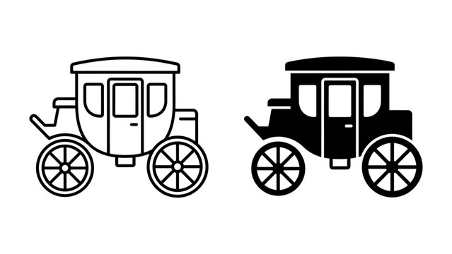 Horse Drawn Carriage Icon Set: A classic horse-drawn carriage, presented in both outline and silhouette form, evokes a sense of historical elegance and traditional transport.