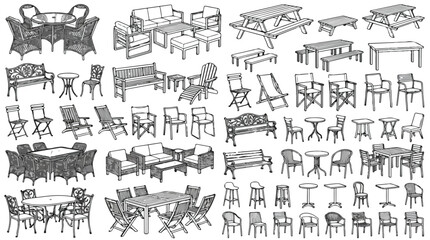 Obraz premium Outdoor furniture vector set, garden chairs and patio tables collection, hand drawn sketch of backyard seating and exterior decor elements