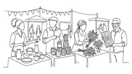 Obraz premium People selling handmade pottery and floral arrangements at a local craft market