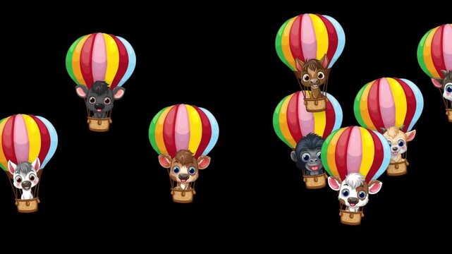 Cartoon Animals Floating in Colorful Hot Air Balloons on Black Background