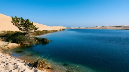 Obraz premium A serene oasis of clear blue water nestled between vast golden sand dunes under a cloudless sky