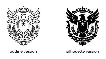 Emblem of Valor and Strength: A striking emblem featuring a regal eagle with spread wings, a crown, a shield, and a banner inscribed with VALOR & STRENGTH. © Md
